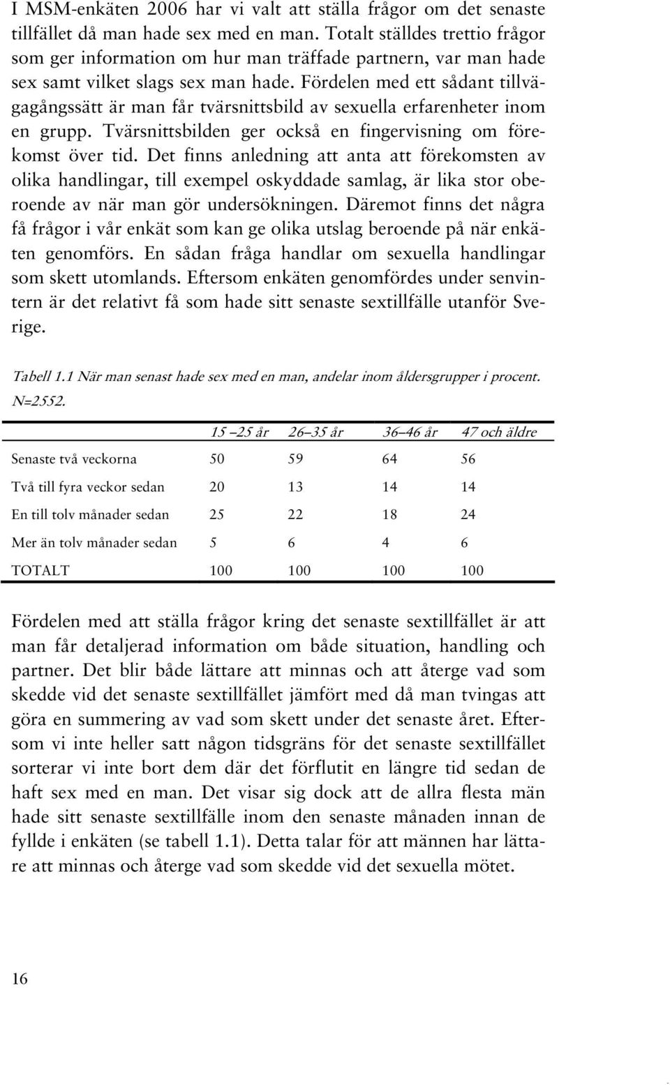 Fördelen med ett sådant tillvägagångssätt är man får tvärsnittsbild av sexuella erfarenheter inom en grupp. Tvärsnittsbilden ger också en fingervisning om förekomst över tid.