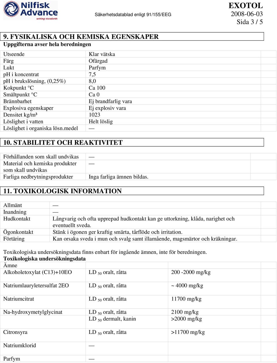 STABILITET OCH REAKTIVITET Förhållanden som skall undvikas Material och kemiska produkter som skall undvikas Farliga nedbrytningsprodukter Inga farliga ämnen bildas. 11.