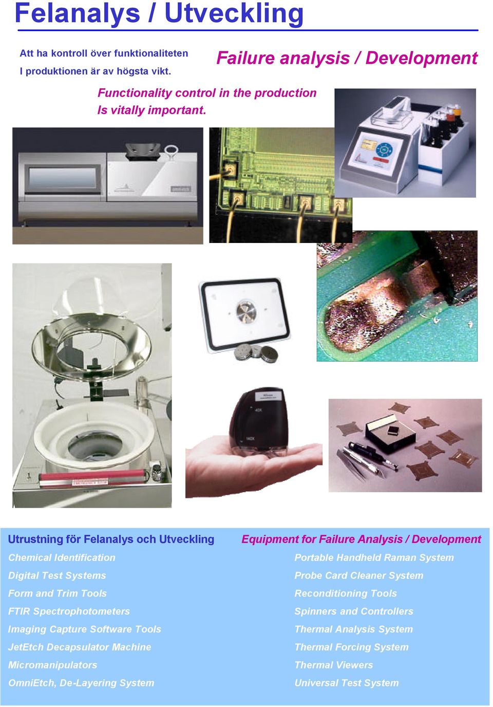 Utrustning för Felanalys och Utveckling Digital Test Systems Form and Trim Tools FTIR Spectrophotometers Imaging Capture Software Tools JetEtch