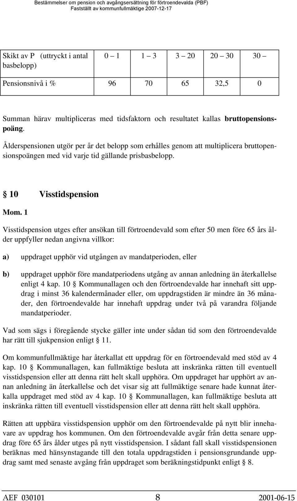 10 Visstidspension Visstidspension utges efter ansökan till förtroendevald som efter 50 men före 65 års ålder uppfyller nedan angivna villkor: a) uppdraget upphör vid utgången av mandatperioden,