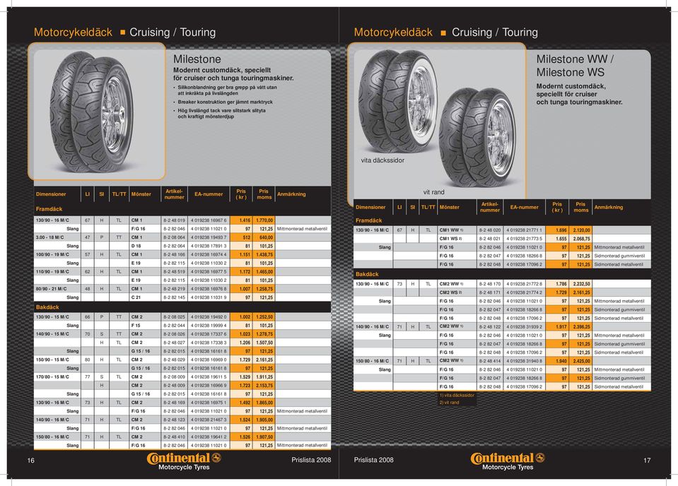 Milestone WS Modernt customdäck, speciellt för cruiser och tunga touringmaskiner. vita däckssidor vit rand 130/90-16 M/C 67 H TL CM 1 8-2 48 019 4 019238 16967 6 1.416 1.770,00 3.