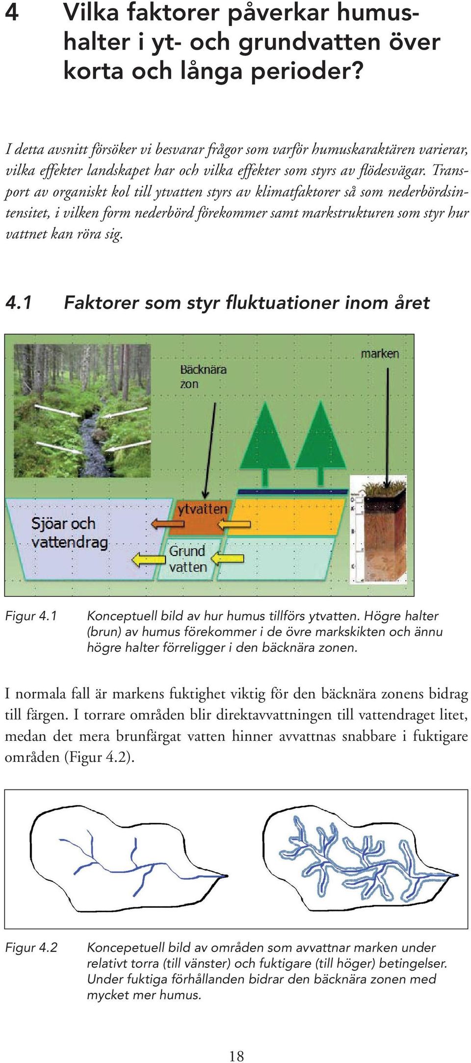 Transport av organiskt kol till ytvatten styrs av klimatfaktorer så som nederbördsintensitet, i vilken form nederbörd förekommer samt markstrukturen som styr hur vattnet kan röra sig. 4.