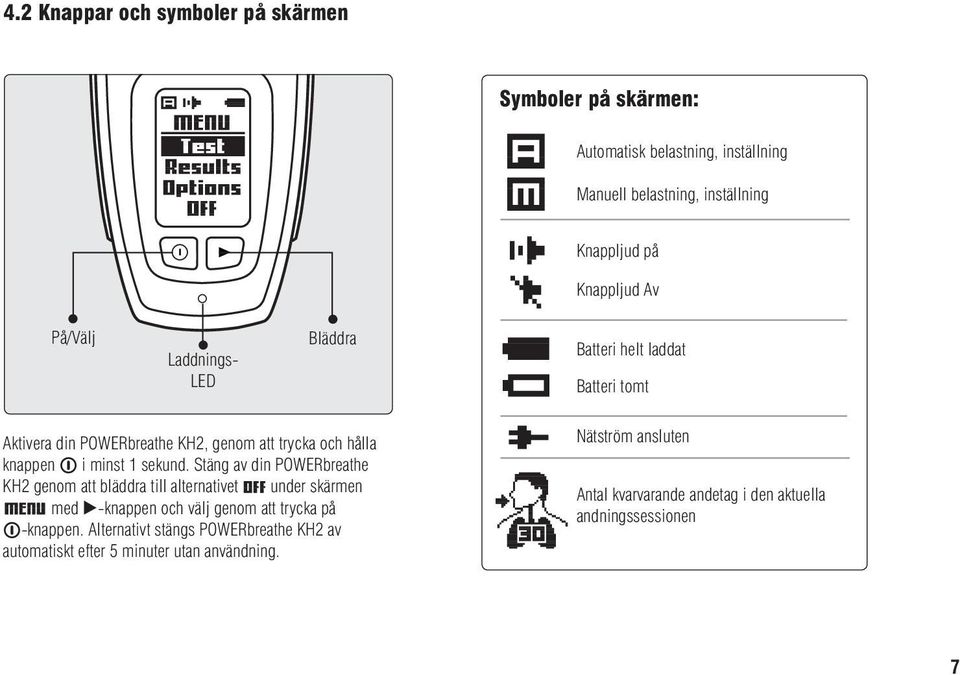 sekund. Stäng av din POWERbreathe KH2 genom att bläddra till alternativet under skärmen med -knappen och välj genom att trycka på -knappen.