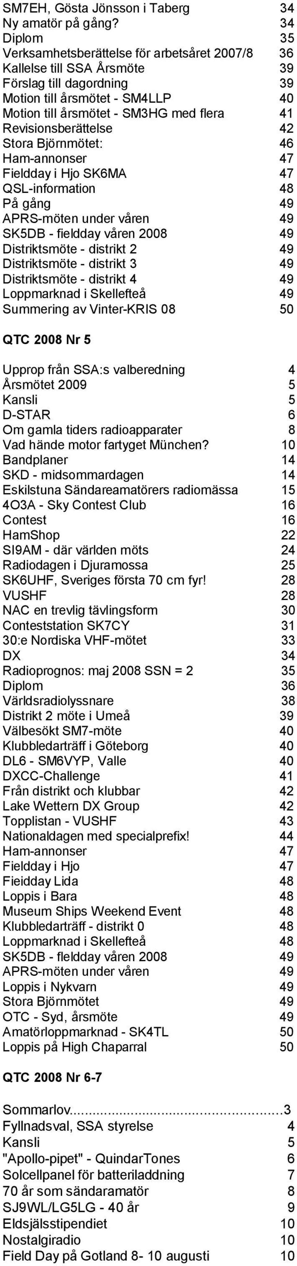 Revisionsberättelse 42 Stora Björnmötet: 46 Fieldday i Hjo SK6MA 47 QSL-information 48 På gång 49 APRS-möten under våren 49 SK5DB - fieldday våren 2008 49 Distriktsmöte - distrikt 2 49 Distriktsmöte