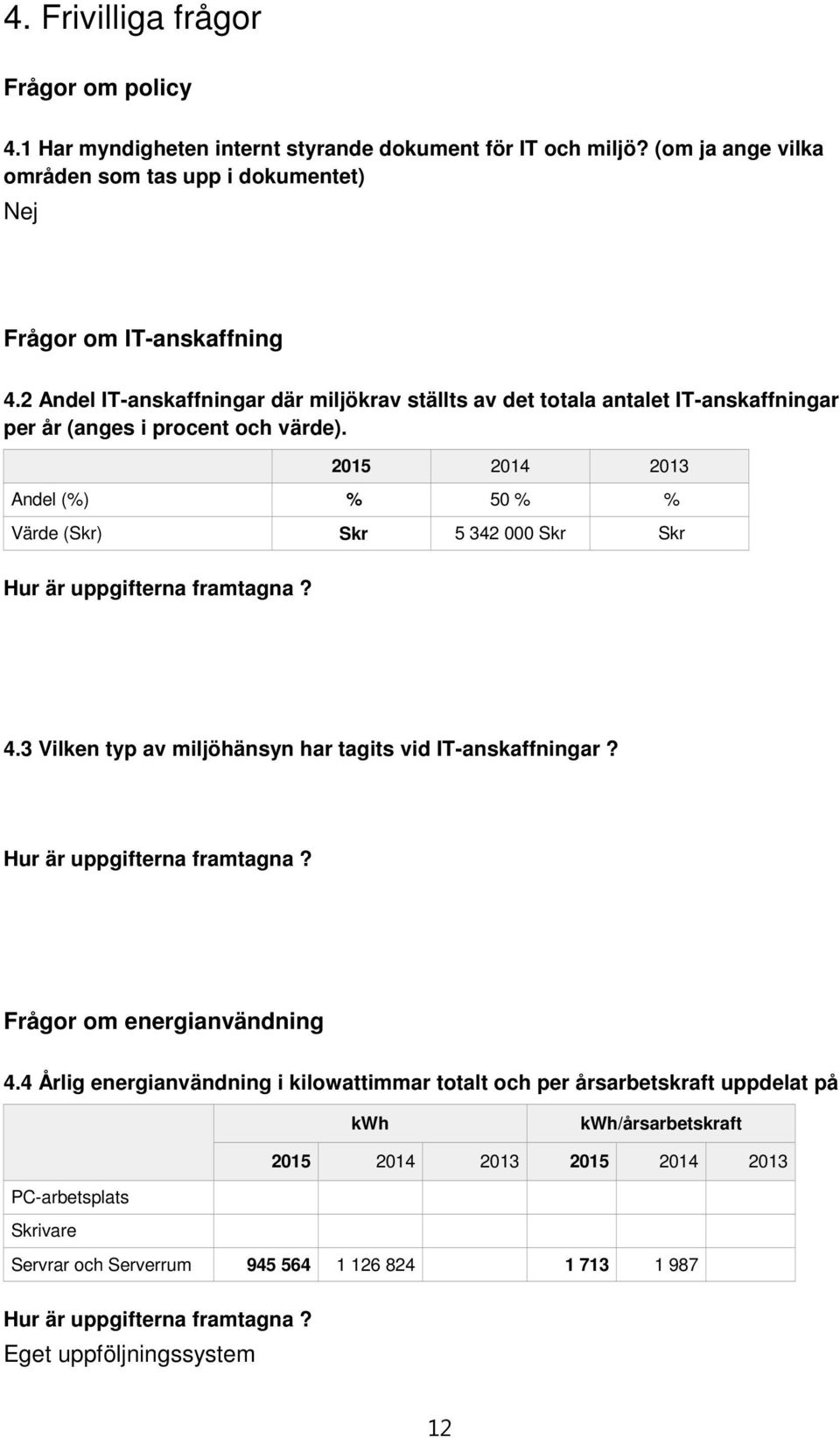 2015 2014 2013 Andel (%) % 50 % % Värde (Skr) Skr 5 342 000 Skr Skr Hur är uppgifterna framtagna? 4.3 Vilken typ av miljöhänsyn har tagits vid IT-anskaffningar? Hur är uppgifterna framtagna? Frågor om energianvändning 4.