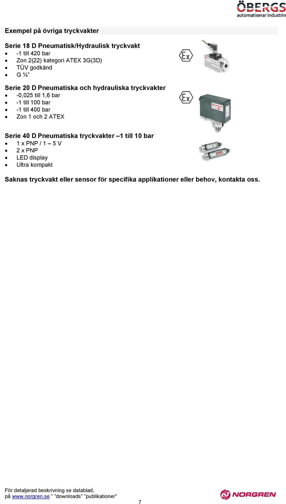 bar -1 till 400 bar Zon 1 och 2 ATEX Serie 40 D Pneumatiska tryckvakter 1 till 10 bar 1 x PNP / 1 5 V 2 x PNP