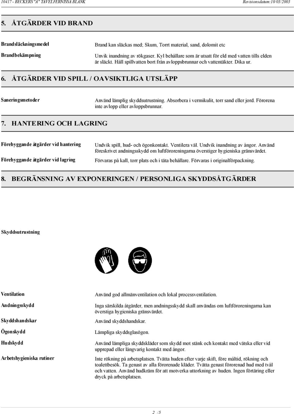 ÅTGÄRDER VID SPILL / OAVSIKTLIGA UTSLÄPP Saneringsmetoder Använd lämplig skyddsutrustning. Absorbera i vermikulit, torr sand eller jord. Förorena inte avlopp eller avloppsbrunnar. 7.