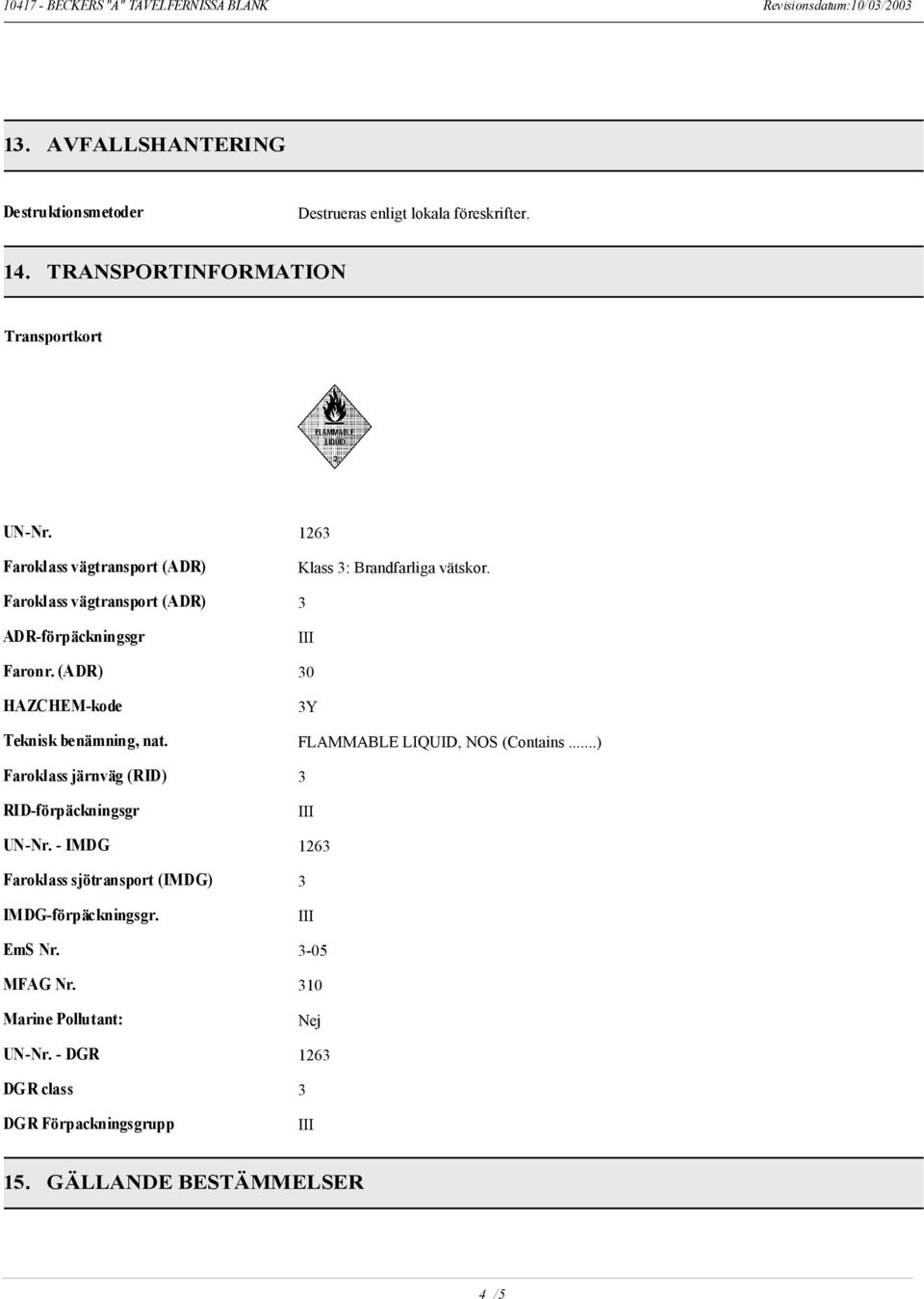 (ADR) 30 HAZCHEM-kode 3Y Teknisk benämning, nat. FLAMMABLE LIQUID, NOS (Contains...) Faroklass järnväg (RID) 3 RID-förpäckningsgr UN-Nr.