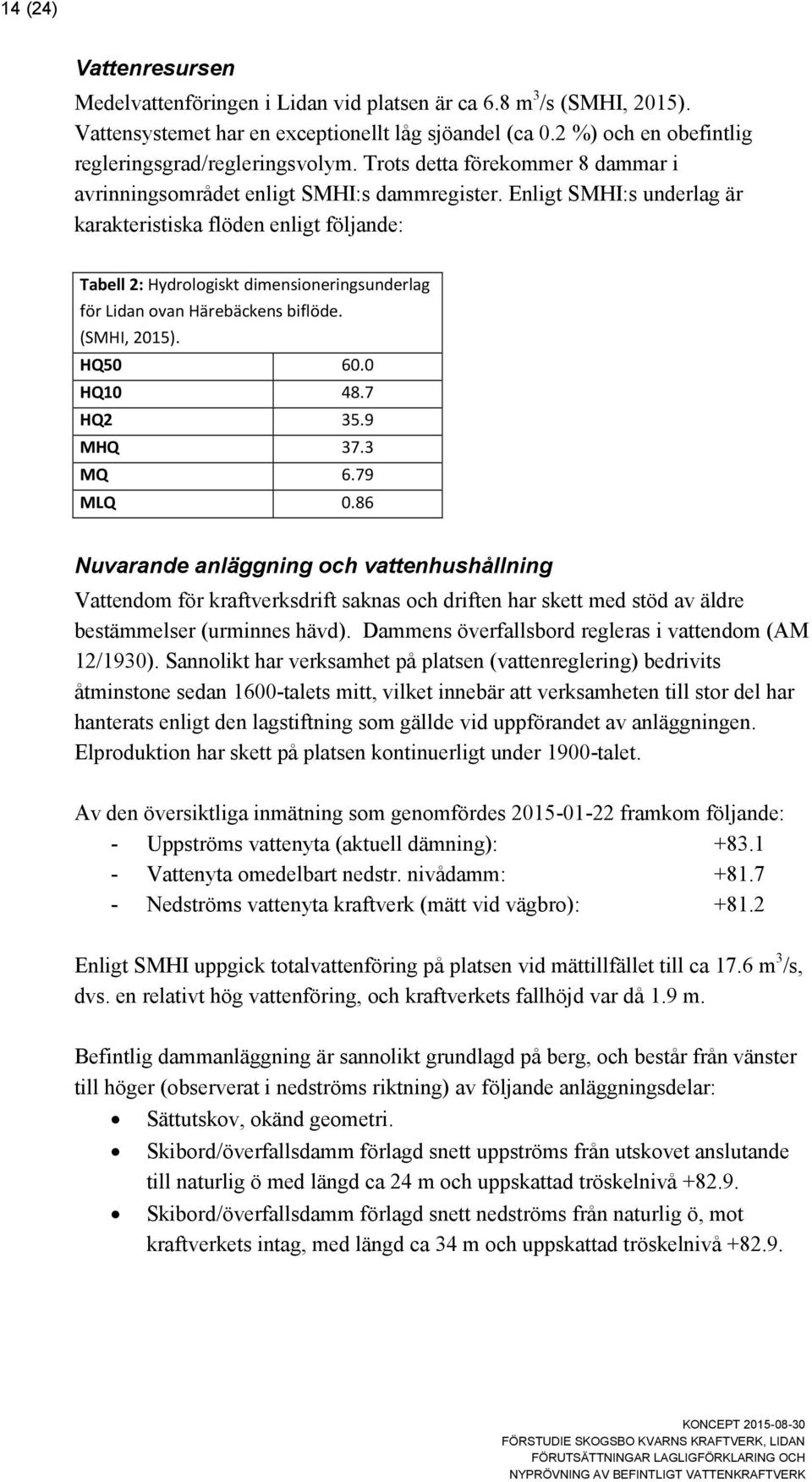 Enligt SMHI:s underlag är karakteristiska flöden enligt följande: Tabell 2: Hydrologiskt dimensioneringsunderlag för Lidan ovan Härebäckens biflöde. (SMHI, 2015). HQ50 60.0 HQ10 48.7 HQ2 35.9 MHQ 37.