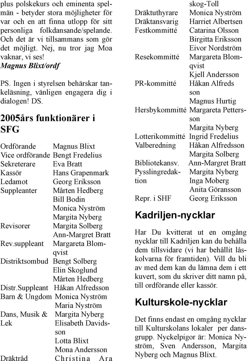 2005års funktionärer i SFG Ordförande Magnus Blixt Vice ordförande Bengt Fredelius Sekreterare Eva Bratt Kassör Hans Grapenmark Ledamot Georg Eriksson Suppleanter Mårten Hedberg Bill Bodin Monica