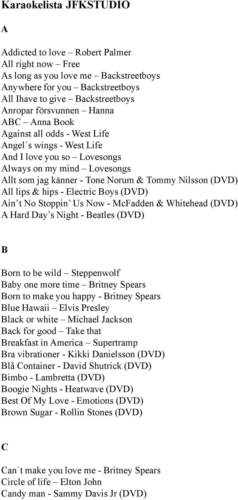 hips - Electric Boys (DVD) Ain t No Stoppin Us Now - McFadden & Whitehead (DVD) A Hard Day s Night - Beatles (DVD) B Born to be wild Steppenwolf Baby one more time Britney Spears Born to make you