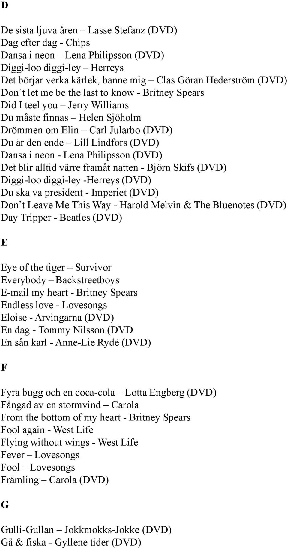 Philipsson (DVD) Det blir alltid värre framåt natten - Björn Skifs (DVD) Diggi-loo diggi-ley -Herreys (DVD) Du ska va president - Imperiet (DVD) Don t Leave Me This Way - Harold Melvin & The