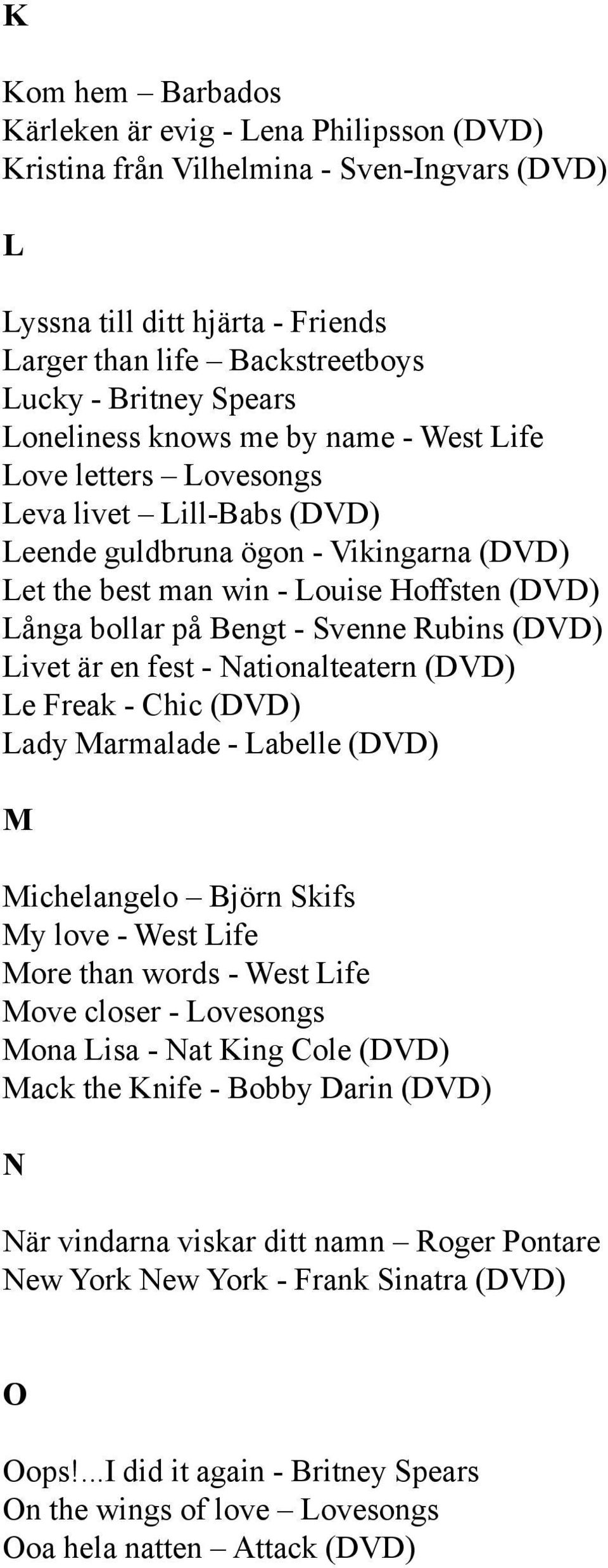 Svenne Rubins (DVD) Livet är en fest - Nationalteatern (DVD) Le Freak - Chic (DVD) Lady Marmalade - Labelle (DVD) M Michelangelo Björn Skifs My love - West Life More than words - West Life Move