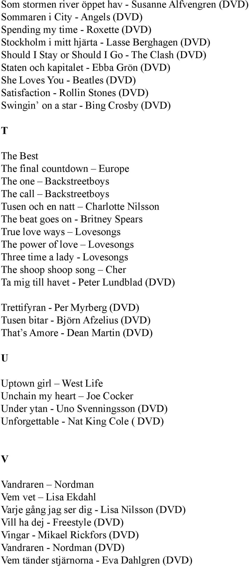 one Backstreetboys The call Backstreetboys Tusen och en natt Charlotte Nilsson The beat goes on - Britney Spears True love ways Lovesongs The power of love Lovesongs Three time a lady - Lovesongs The