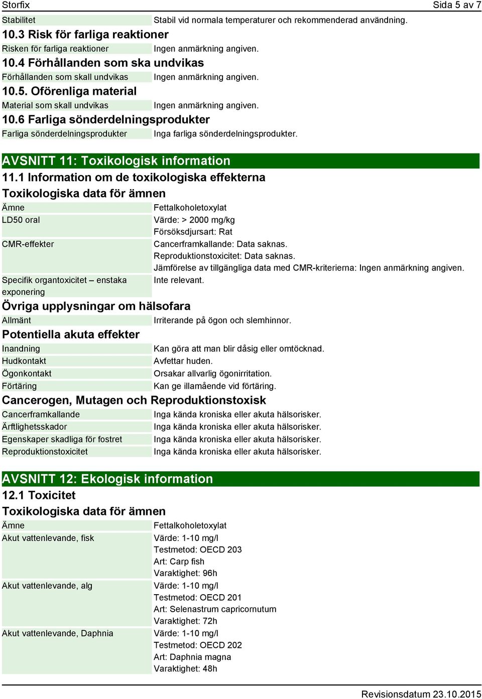 6 Farliga sönderdelningsprodukter Farliga sönderdelningsprodukter Inga farliga sönderdelningsprodukter. AVSNITT 11: Toxikologisk information 11.