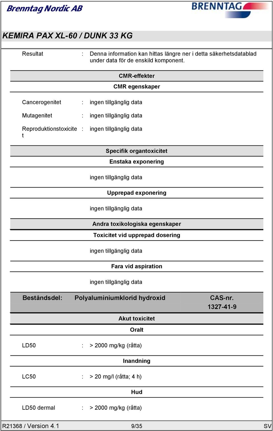 Enstaka exponering ingen tillgänglig data Upprepad exponering ingen tillgänglig data Andra toxikologiska egenskaper Toxicitet vid upprepad dosering ingen tillgänglig data Fara vid