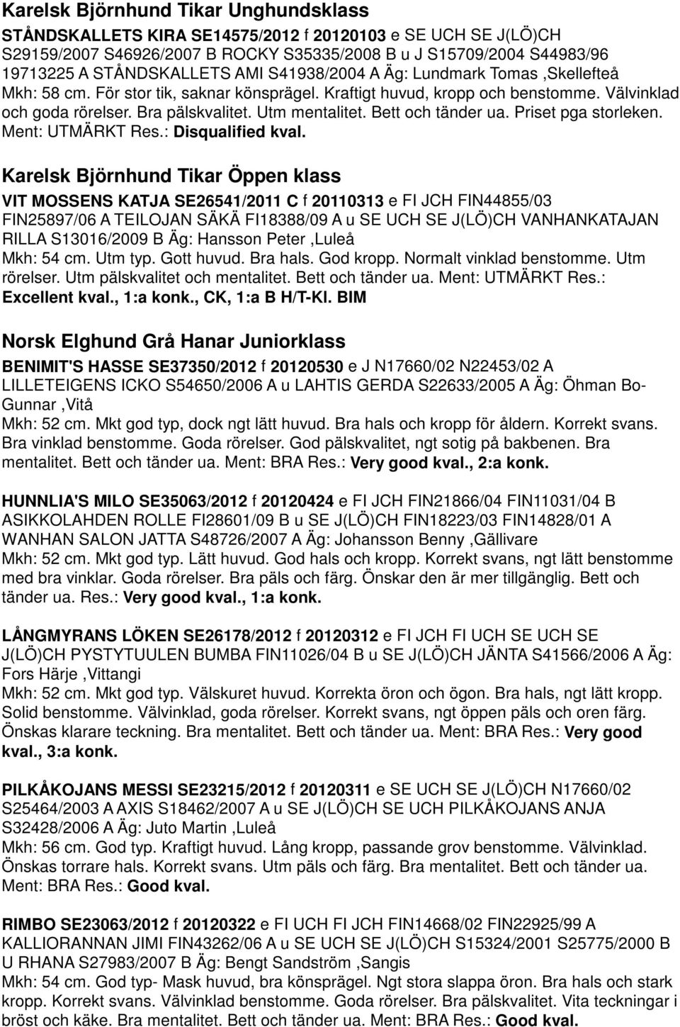 Bett och tänder ua. Priset pga storleken. Ment: UTMÄRKT Res.: Disqualified kval.