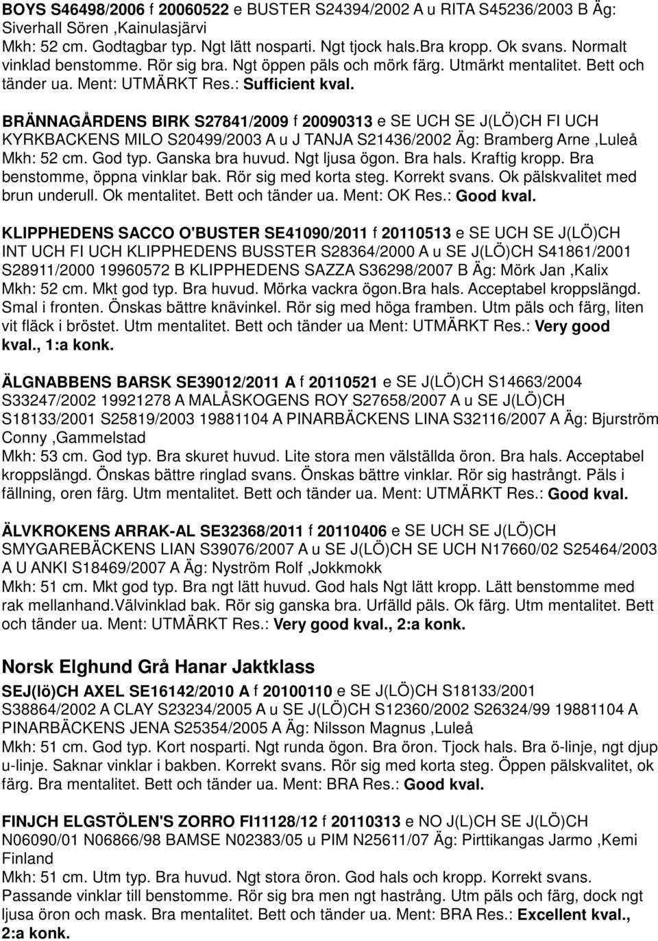 BRÄNNAGÅRDENS BIRK S27841/2009 f 20090313 e SE UCH SE J(LÖ)CH FI UCH KYRKBACKENS MILO S20499/2003 A u J TANJA S21436/2002 Äg: Bramberg Arne,Luleå Mkh: 52 cm. God typ. Ganska bra huvud. Ngt ljusa ögon.