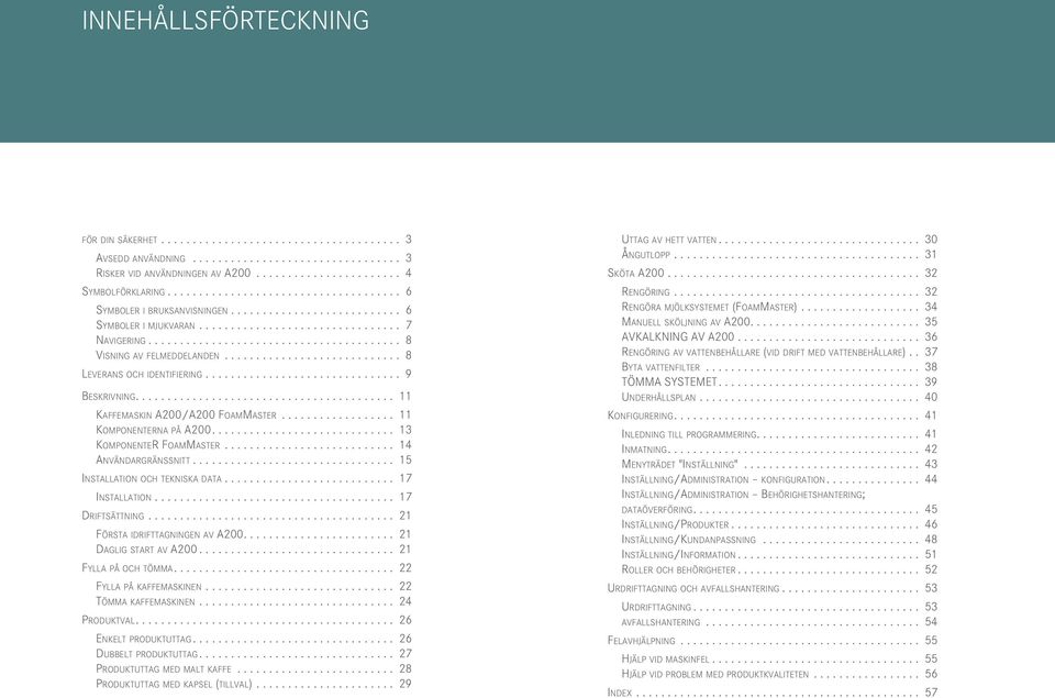 ........................... 8 Leverans och dentferng............................... 9 Beskrvnng......................................... 11 Kaffemaskn A200/A200 FoamMaster.................. 11 Komponenterna på A200.