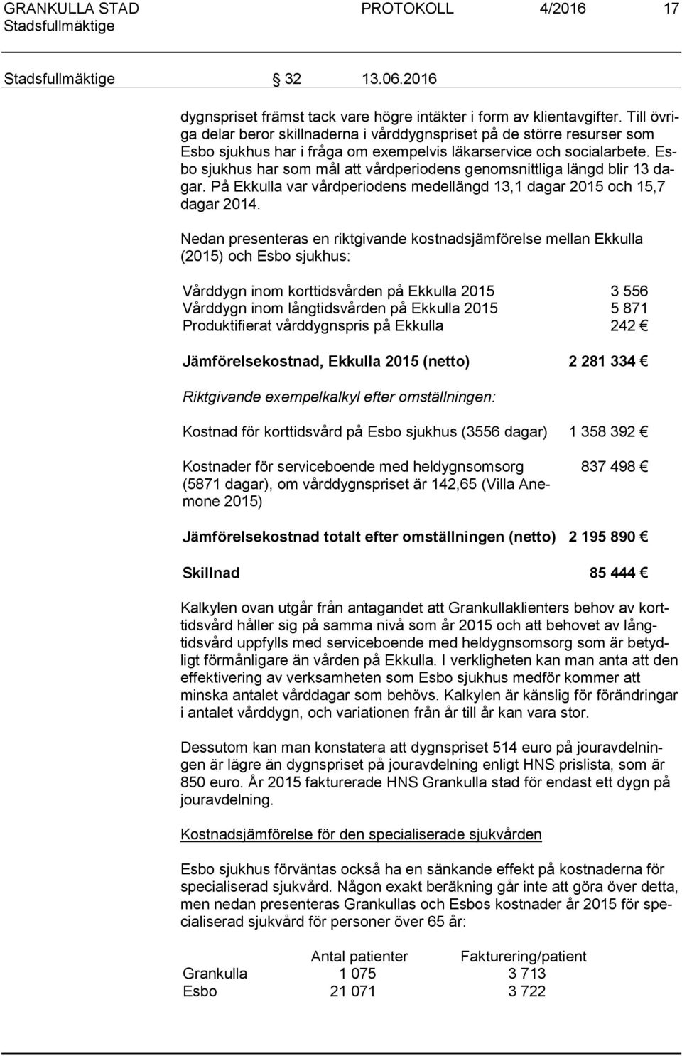 Esbo sjukhus har som mål att vårdperiodens genomsnittliga längd blir 13 dagar. På Ekkulla var vårdperiodens medellängd 13,1 dagar 2015 och 15,7 da gar 2014.