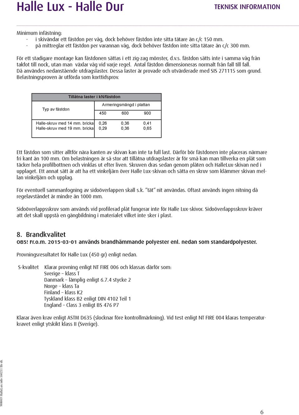 Antal fästdon dimensioneras normalt från fall till fall. Då användes nedanstående utdragslaster. Dessa laster är provade och utvärderade med SIS 271115 som grund.