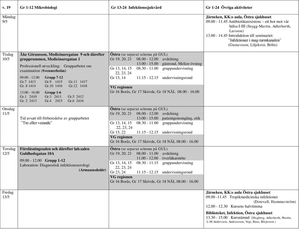 45 Introduktion till seminariet: Infektioner i mag-tarmkanalen (Gustavsson, Liljekvist, Bölin) 10/5 11/5 12/5 Åke Göransson, Medicinaregatan 9 och därefter grupprummen, Medicinaregatan 1