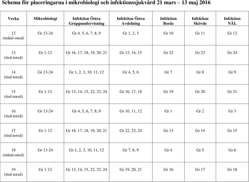 2, 3, 10, 11, 12 Gr 4, 5, 6 Gr 7 Gr 8 Gr 9 15 (tisd-torsd) Gr 1-12 Gr 13, 14, 15, 22, 23, 24 Gr 16, 17, 18 Gr 19 Gr 20 Gr 21 16 (tisd-torsd) Gr 13-24 Gr 4, 5, 6, 7, 8, 9 Gr 10, 11, 12 Gr 1 Gr 2 Gr 3