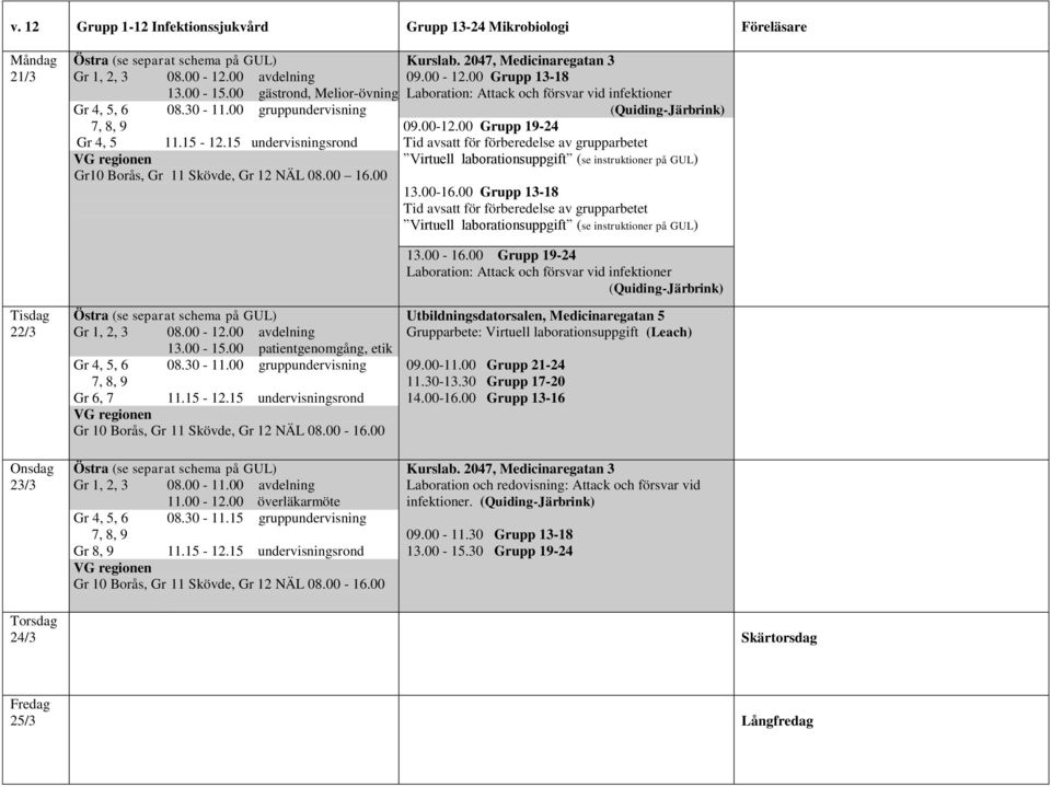 00-12.00 Grupp 19-24 Tid avsatt för förberedelse av grupparbetet Virtuell laborationsuppgift (se instruktioner på GUL) 13.00-16.