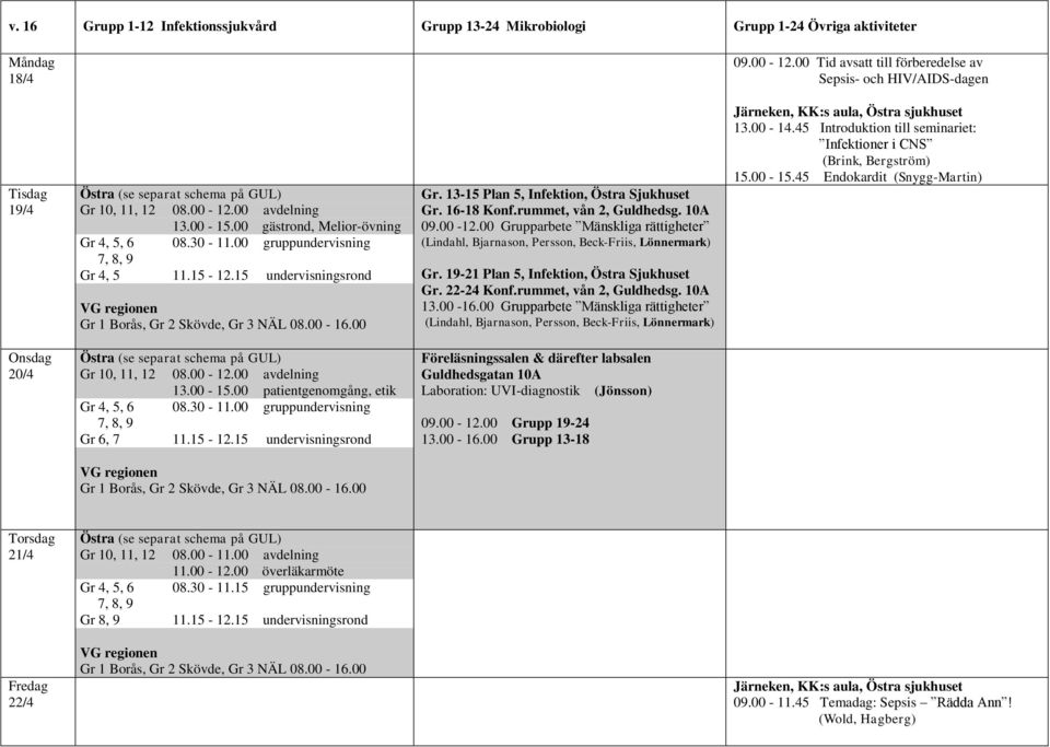 rummet, vån 2, Guldhedsg. 10A 09.00-12.00 Grupparbete Mänskliga rättigheter (Lindahl, Bjarnason, Persson, Beck-Friis, Lönnermark) Gr. 19-21 Plan 5, Infektion, Östra Sjukhuset Gr. 22-24 Konf.