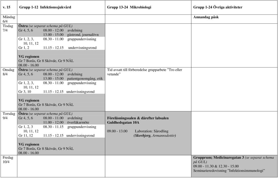 00 gruppundervisning 10, 11, 12 Gr 3, 10 11.15-12.15 undervisningsrond Gr 7 Borås, Gr 8 Skövde, Gr 9 NÄL Gr 4, 5, 6 08.00-11.00 avdelning Gr 1, 2, 3 08.30-11.