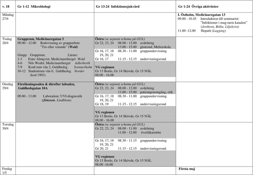 00 Hepatit (Lagging) 28/4 29/4 30/4 Grupprum, Medicinaregatan 3 09.00-12.