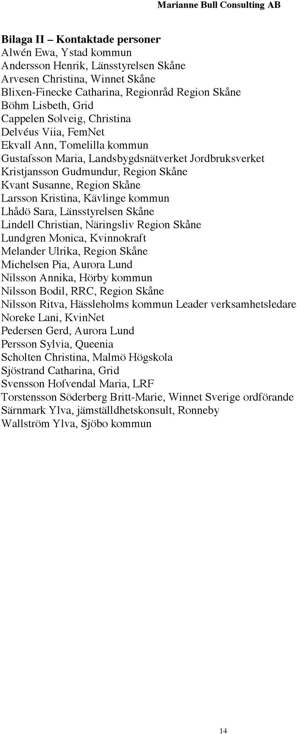 Larsson Kristina, Kävlinge kommun Lhådö Sara, Länsstyrelsen Skåne Lindell Christian, Näringsliv Region Skåne Lundgren Monica, Kvinnokraft Melander Ulrika, Region Skåne Michelsen Pia, Aurora Lund