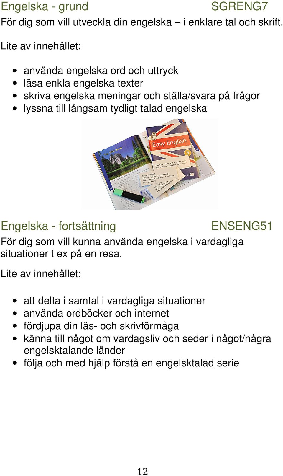 engelska Engelska - fortsättning ENSENG51 För dig som vill kunna använda engelska i vardagliga situationer t ex på en resa.