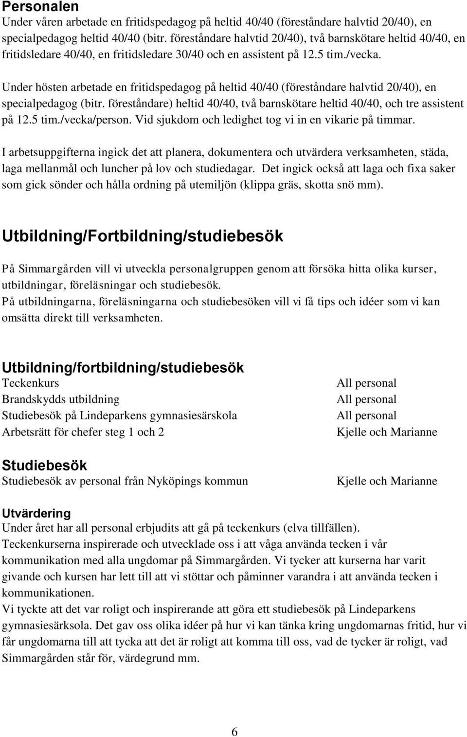 Under hösten arbetade en fritidspedagog på heltid 40/40 (föreståndare halvtid 20/40), en specialpedagog (bitr. föreståndare) heltid 40/40, två barnskötare heltid 40/40, och tre assistent på 12.5 tim.