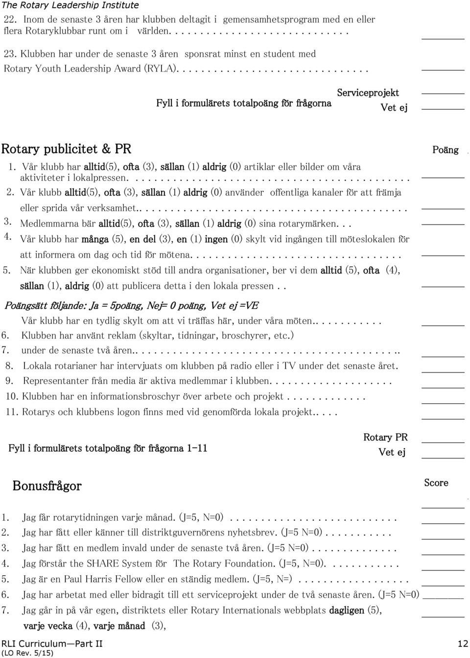 .............................. Fyll i formulärets totalpoäng för frågorna 1-23 Serviceprojekt Vet ej Rotary publicitet & PR Poäng. 1. Vår klubb har alltid(5), ofta (3), sällan (1) aldrig (0) artiklar eller bilder om våra aktiviteter i lokalpressen.