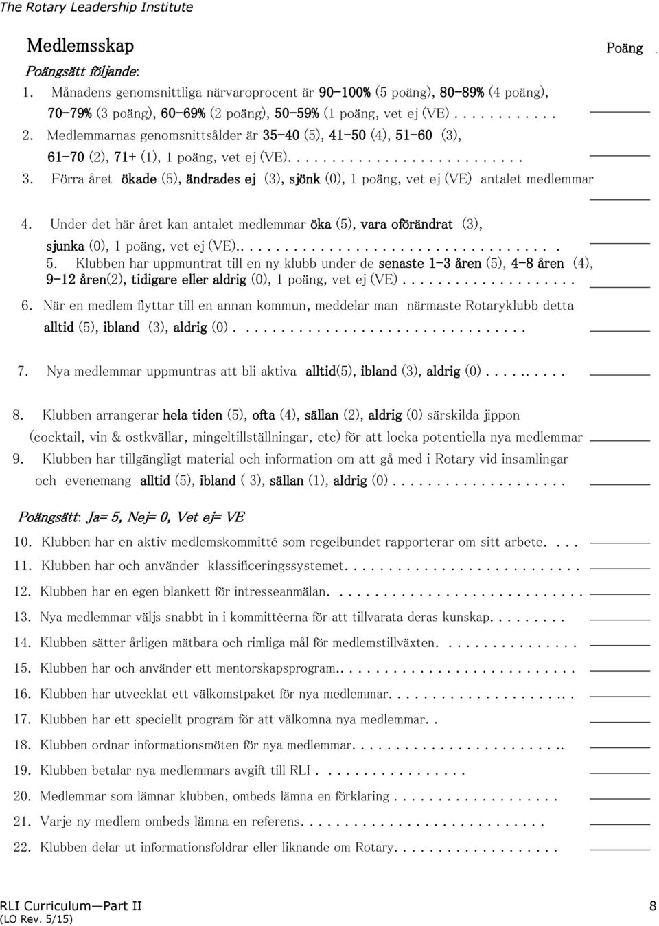 Under det här året kan antalet medlemmar öka (5), vara oförändrat (3), sjunka (0), 1 poäng, vet ej (VE)..................................... 5.