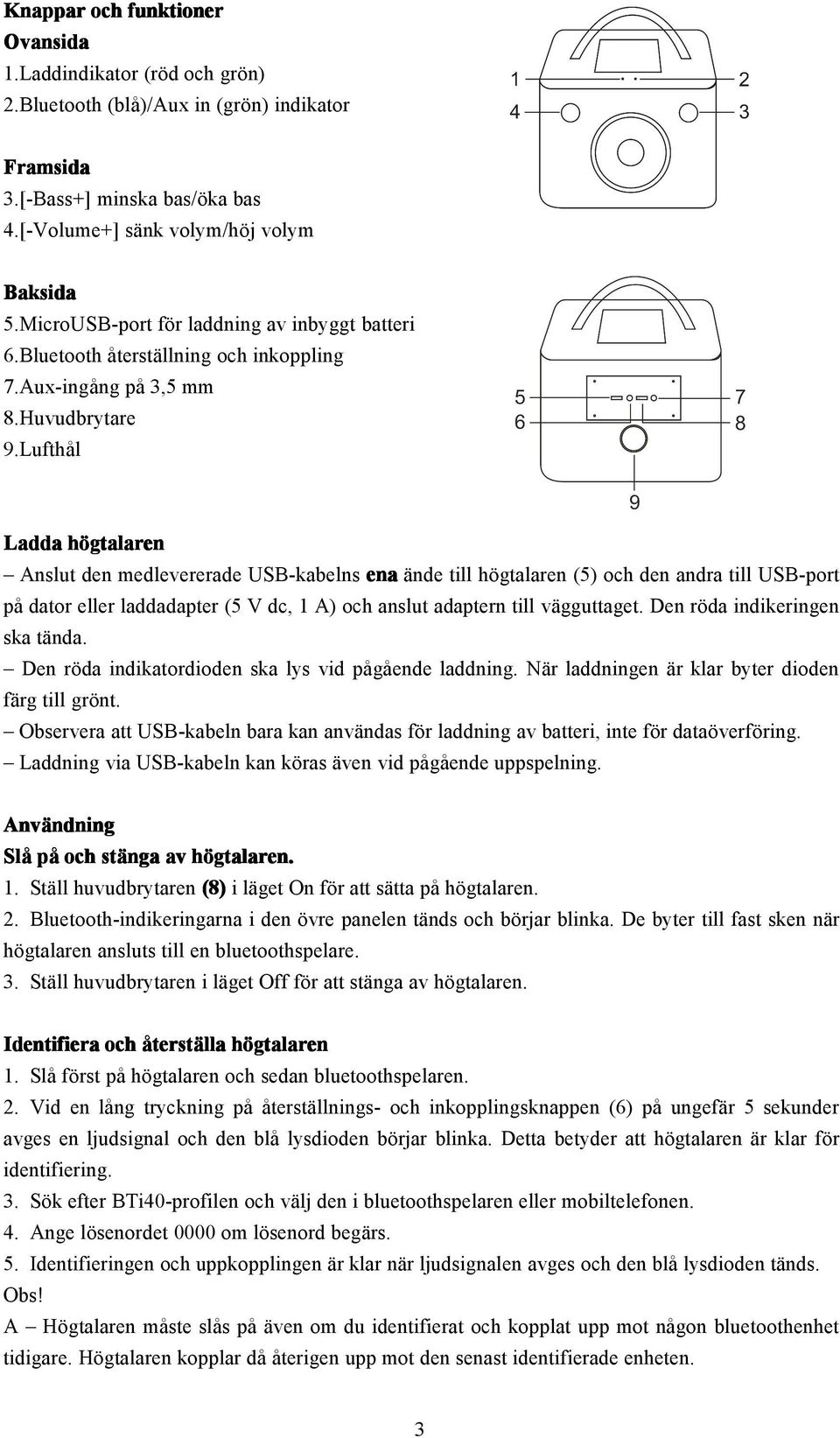 Lufthål Ladda högtalaren Anslut den medlevererade USB-kabelns ena ände till högtalaren (5) och den andra till USB-port på dator eller laddadapter (5 V dc, 1 A) och anslut adaptern till vägguttaget.