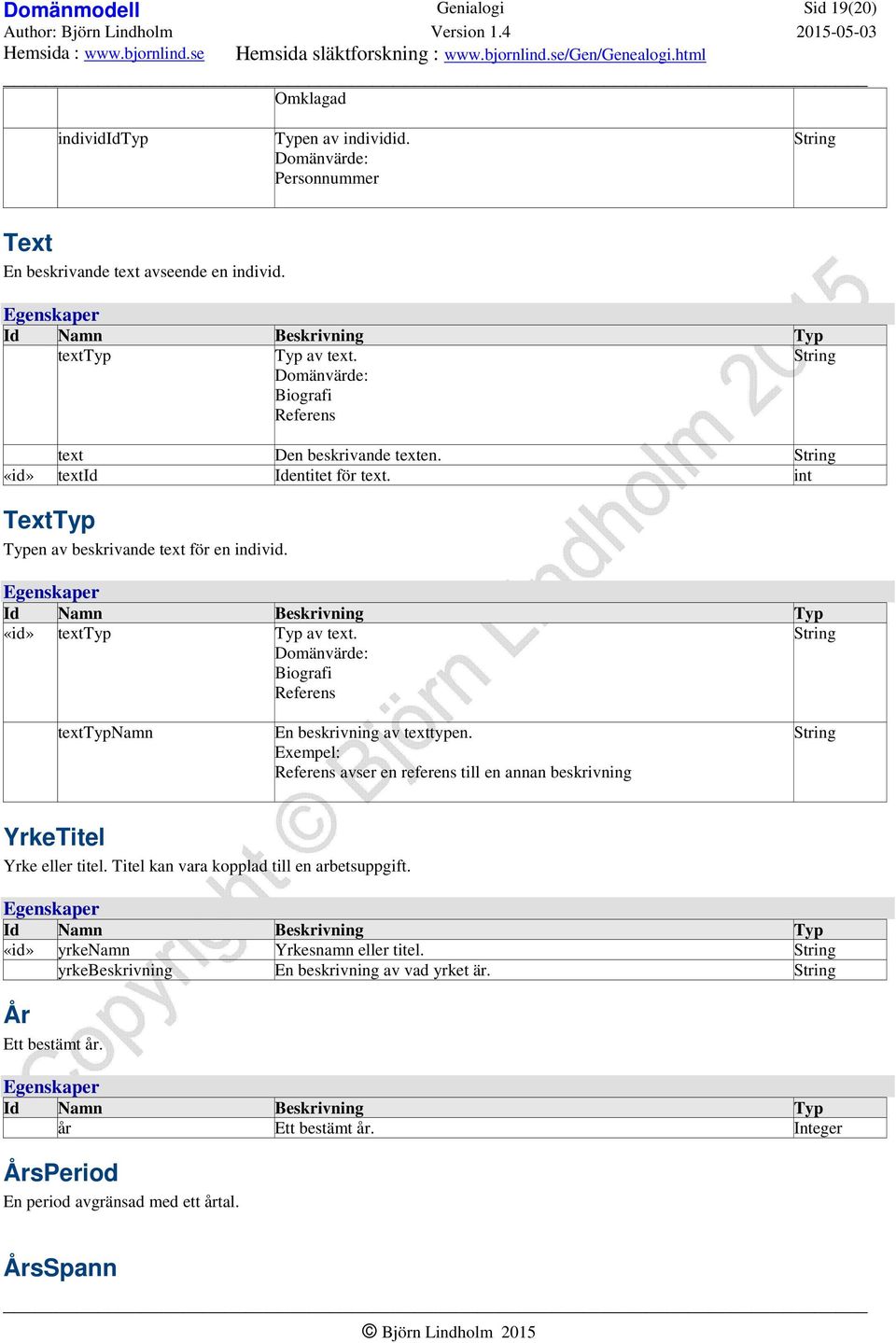 Biografi Referens texttypnamn En beskrivning av texttypen. Exempel: Referens avser en referens till en annan beskrivning YrkeTitel Yrke eller titel.