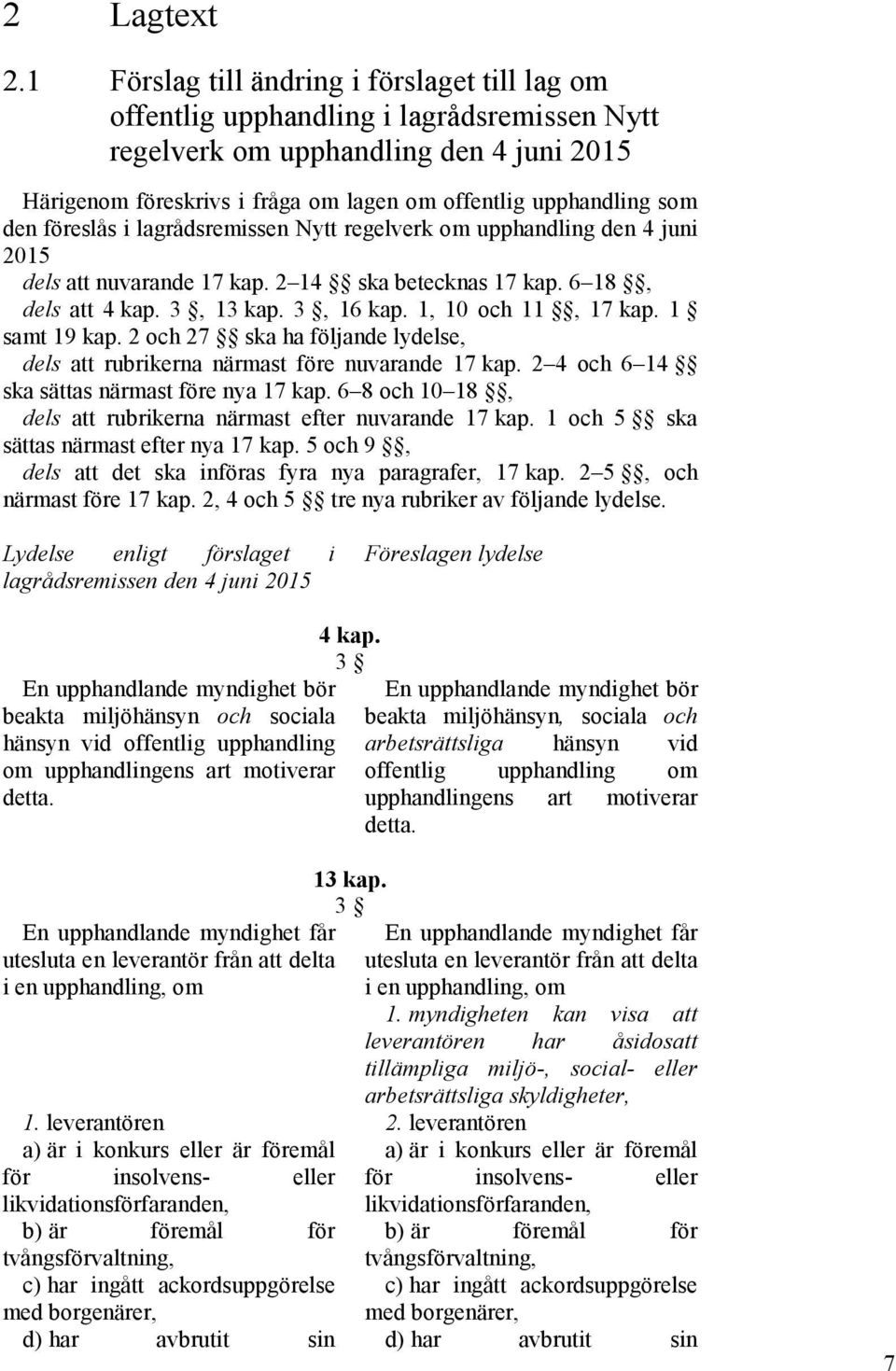 den föreslås i lagrådsremissen Nytt regelverk om upphandling den 4 juni 2015 dels att nuvarande 17 kap. 2 14 ska betecknas 17 kap. 6 18, dels att 4 kap. 3, 13 kap. 3, 16 kap. 1, 10 och 11, 17 kap.