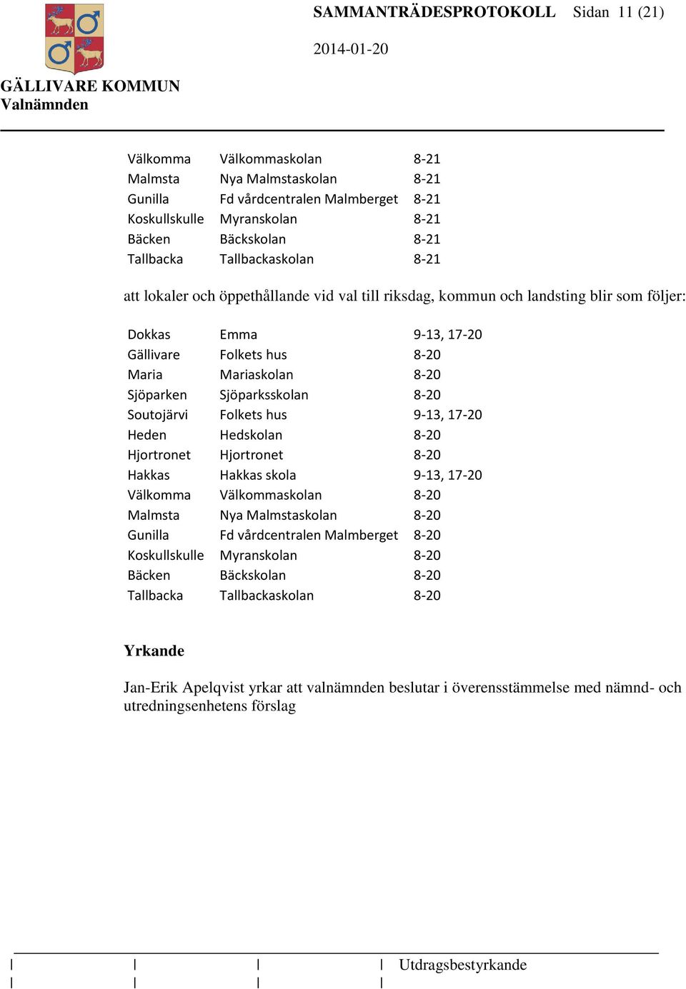 Sjöparken Sjöparksskolan 8-20 Soutojärvi Folkets hus 9-13, 17-20 Heden Hedskolan 8-20 Hjortronet Hjortronet 8-20 Hakkas Hakkas skola 9-13, 17-20 Välkomma Välkommaskolan 8-20 Malmsta Nya Malmstaskolan