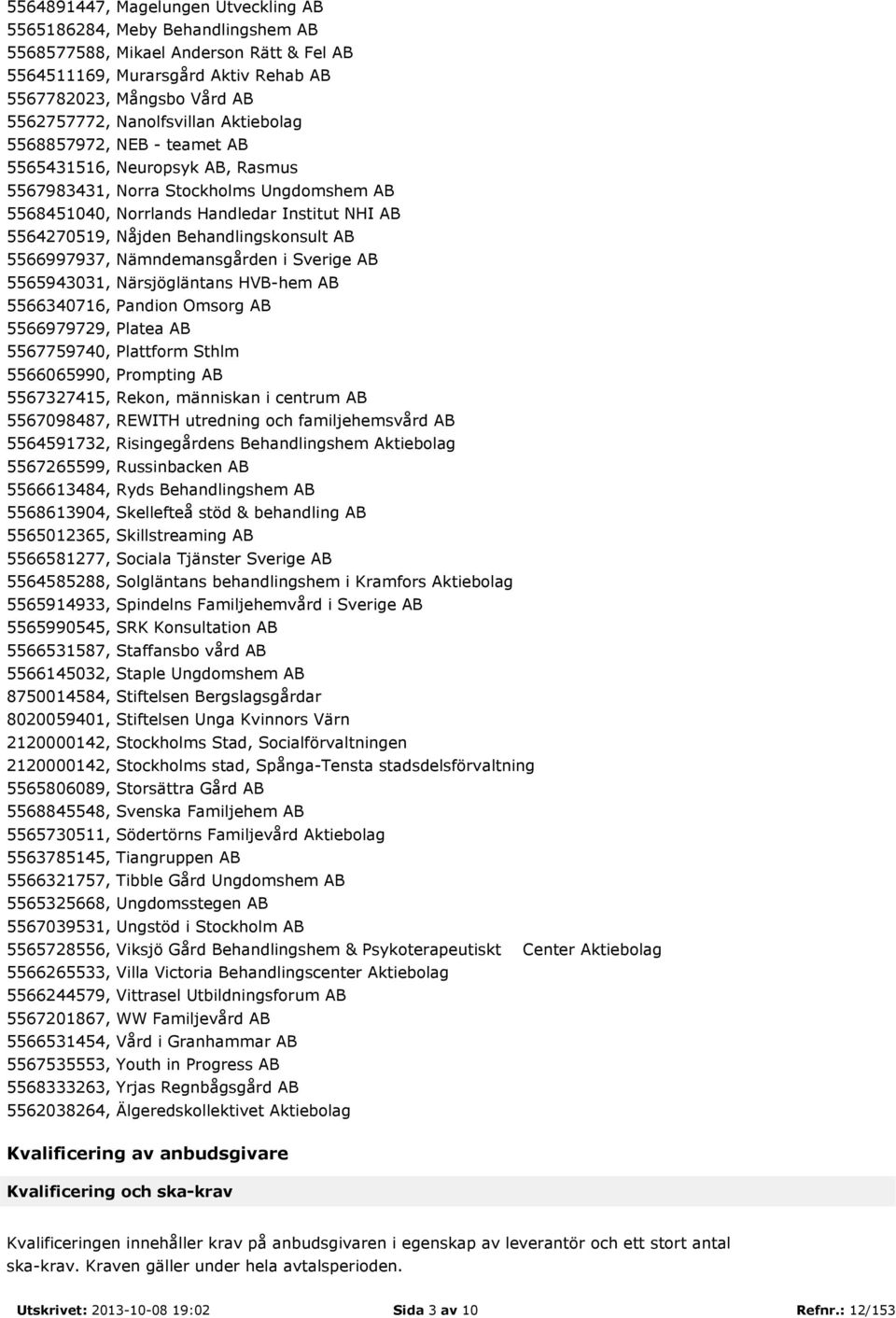 Behandlingskonsult AB 5566997937, Nämndemansgården i Sverige AB 5565943031, Närsjögläntans HVB-hem AB 5566340716, Pandion Omsorg AB 5566979729, Platea AB 5567759740, Plattform Sthlm 5566065990,