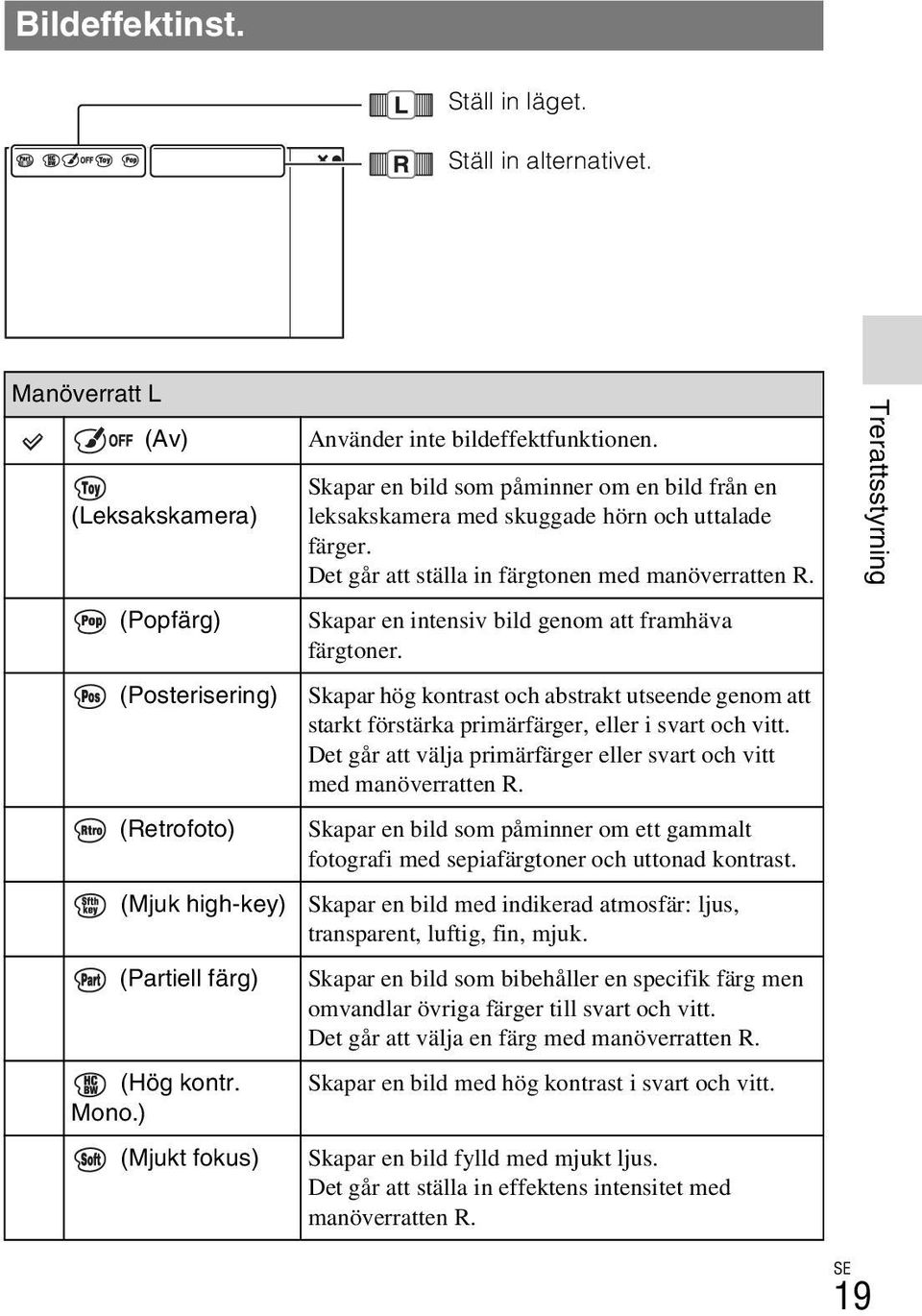 Det går att ställa in färgtonen med manöverratten R. Skapar en intensiv bild genom att framhäva färgtoner.