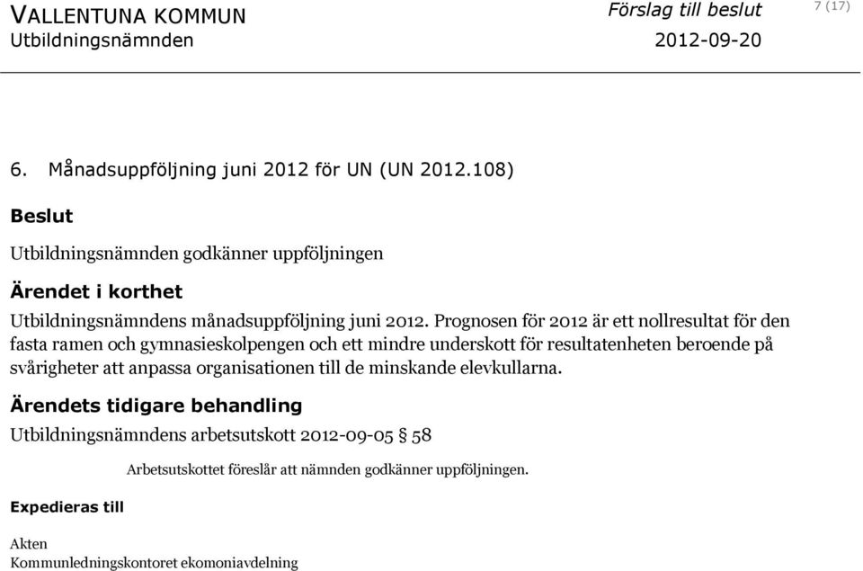 Prognosen för 2012 är ett nollresultat för den fasta ramen och gymnasieskolpengen och ett mindre underskott för resultatenheten beroende på svårigheter att anpassa