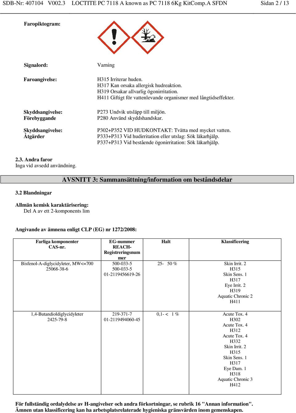 H319 Orsakar allvarlig ögonirritation. H411 Giftigt för vattenlevande organismer med långtids. P273 Undvik utsläpp till miljön. P280 Använd skyddshandskar.