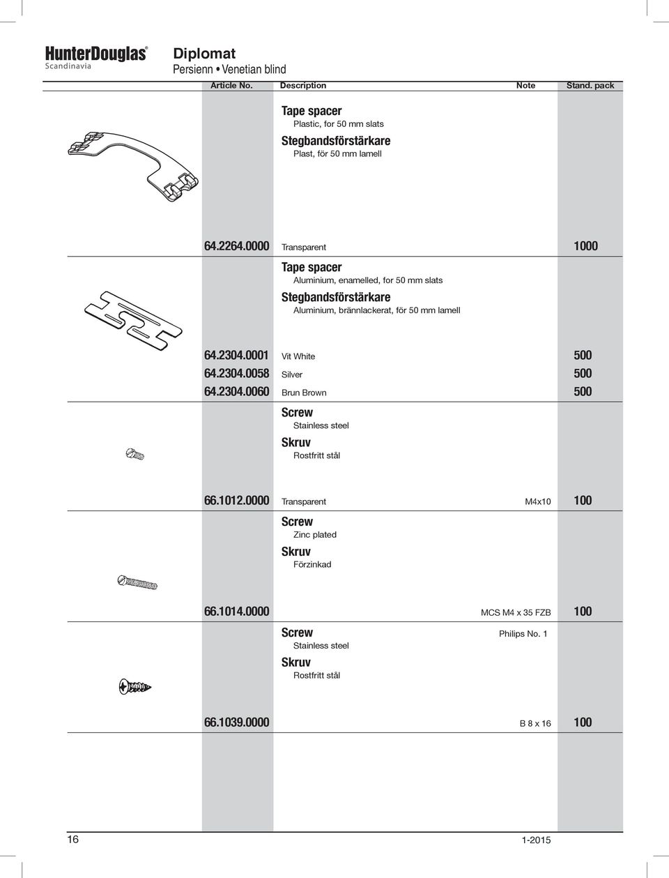 64.2304.0001 Vit White 500 64.2304.0058 Silver 500 64.2304.0060 Brun Brown 500 Screw Stainless steel Skruv Rostfritt stål 66.1012.