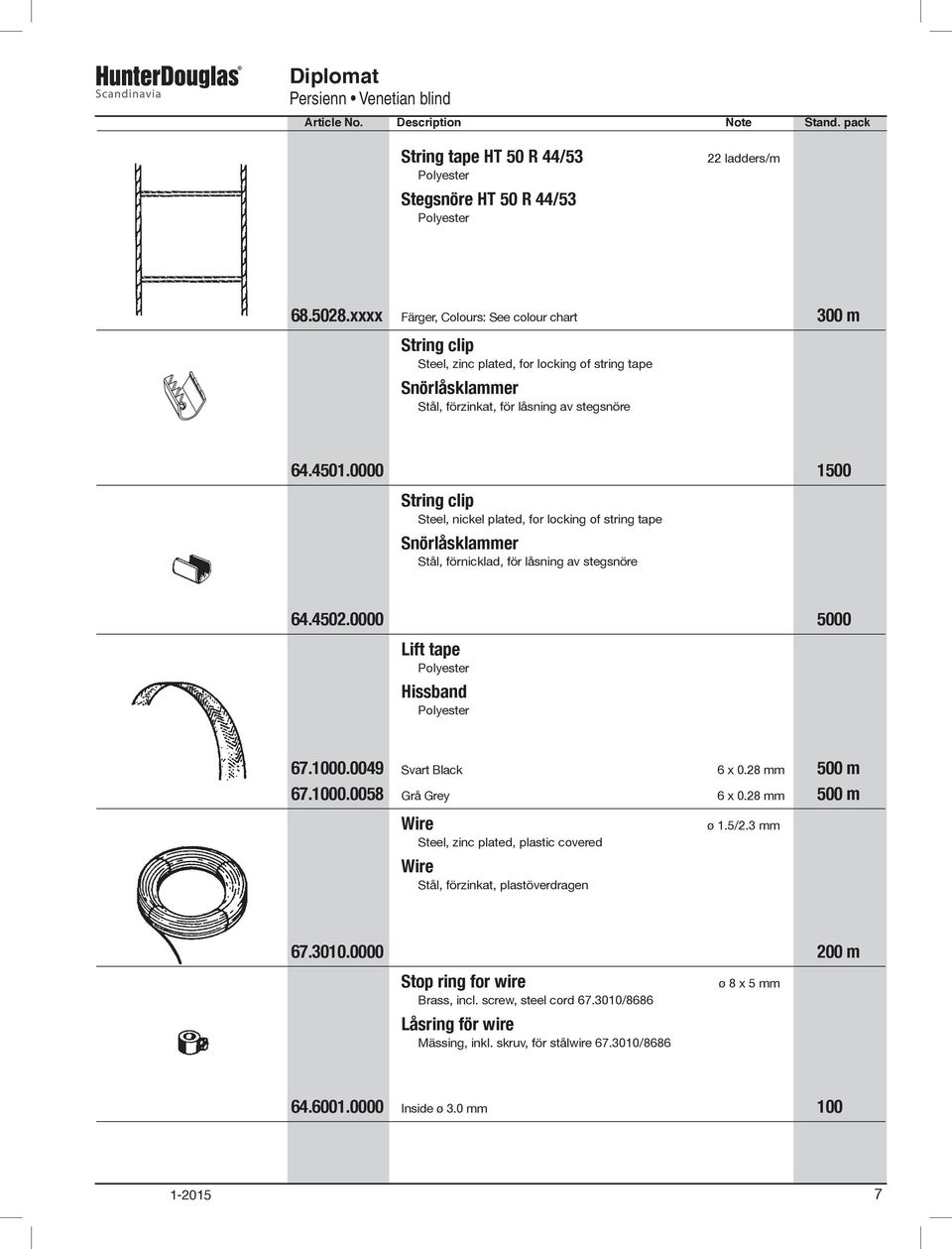 0000 1500 String clip Steel, nickel plated, for locking of string tape Snörlåsklammer Stål, förnicklad, för låsning av stegsnöre 64.4502.0000 5000 Lift tape Hissband 67.1000.