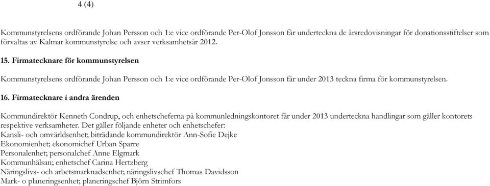 Firmatecknare i andra ärenden Kommundirektör Kenneth Condrup, och enhetscheferna på kommunledningskontoret får under 2013 underteckna handlingar som gäller kontorets respektive verksamheter.