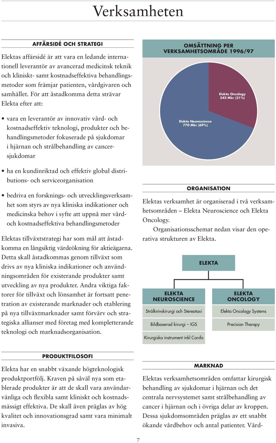 För att åstadkomma detta strävar Elekta efter att: vara en leverantör av innovativ vård- och kostnadseffektiv teknologi, produkter och behandlingsmetoder fokuserade på sjukdomar i hjärnan och