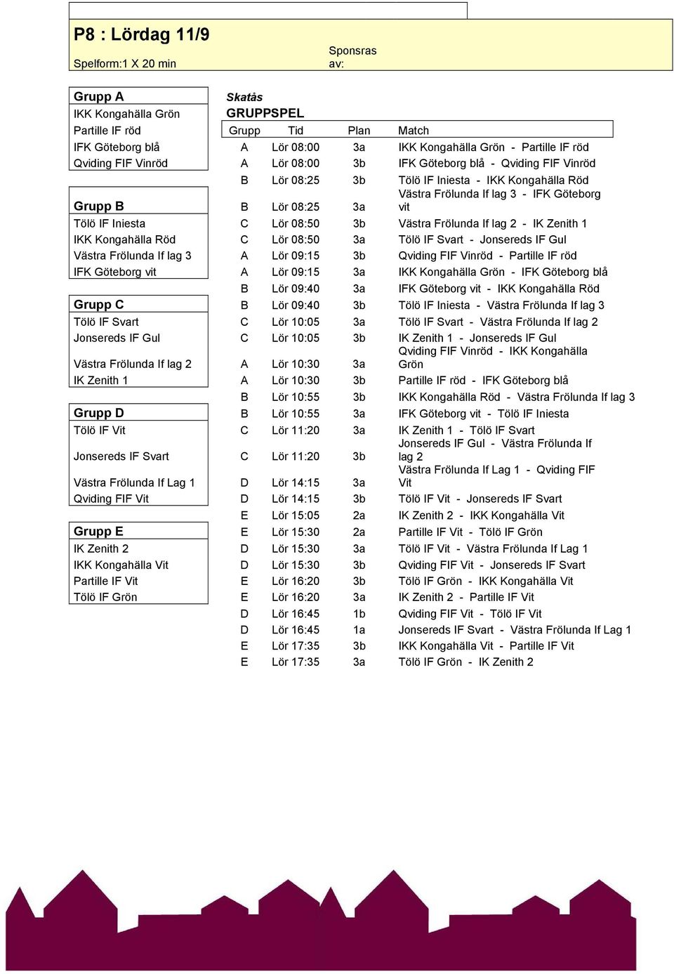 Zenith 1 IKK Kongahälla Röd C Lör 08:50 3a Tölö IF Svart - Jonsereds IF Gul Västra Frölunda If lag 3 A Lör 09:15 3b Qviding FIF Vinröd - Partille IF röd IFK Göteborg vit A Lör 09:15 3a IKK Kongahälla