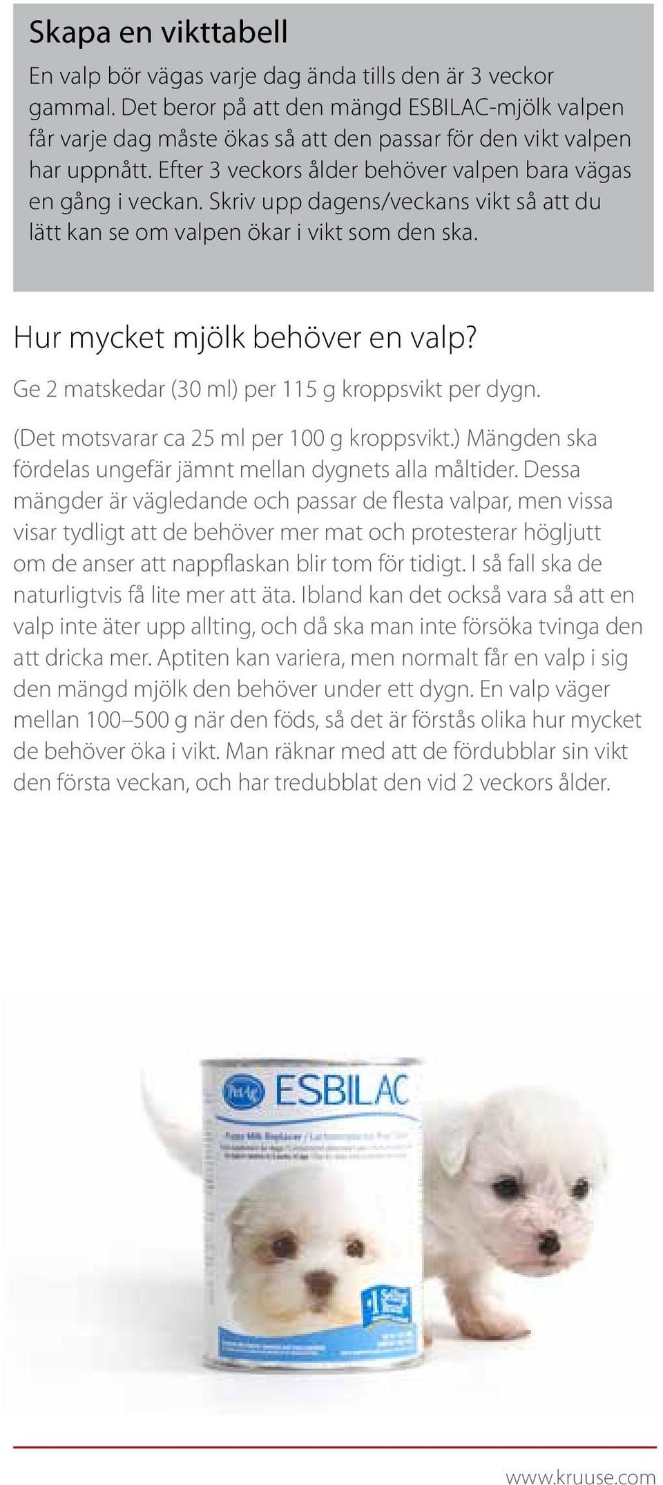 Ge 2 matskedar (30 ml) per 115 g kroppsvikt per dyg. (Det motsvarar ca 25 ml per 100 g kroppsvikt.) Mägde ska fördelas ugefär jämt mella dygets alla måltider.